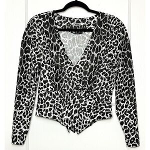 BATSHEVA Snow Leopard Print Tailored Long Sleeve V-Neck Faux Wrap Peplum Top 4